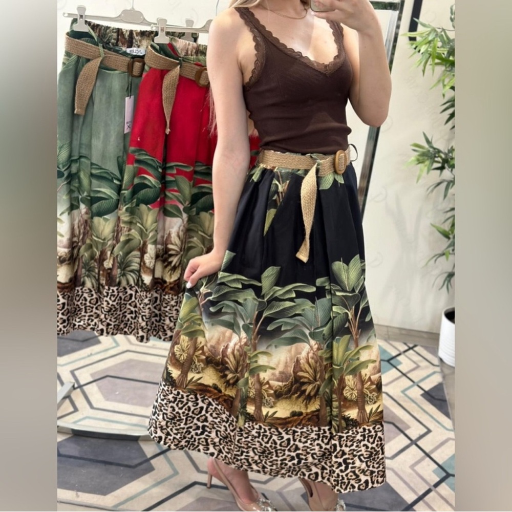 New Italy 🇮🇹Tropical Print Midi Skirt with Leopard Trim